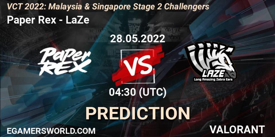 Paper Rex vs LaZe: Betting TIp, Match Prediction. 28.05.2022 at 04:30. VALORANT, VCT 2022: Malaysia & Singapore Stage 2 Challengers