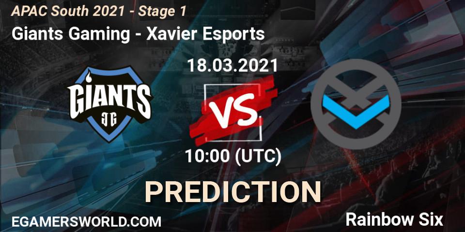 Giants Gaming vs Xavier Esports: Betting TIp, Match Prediction. 18.03.2021 at 11:30. Rainbow Six, APAC South 2021 - Stage 1