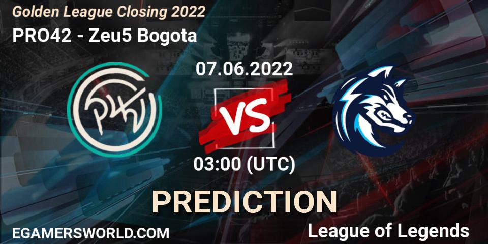 PRO42 vs Zeu5 Bogota: Betting TIp, Match Prediction. 07.06.2022 at 03:00. LoL, Golden League Closing 2022