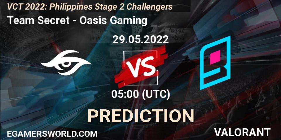 Team Secret vs Oasis Gaming: Betting TIp, Match Prediction. 29.05.2022 at 05:00. VALORANT, VCT 2022: Philippines Stage 2 Challengers