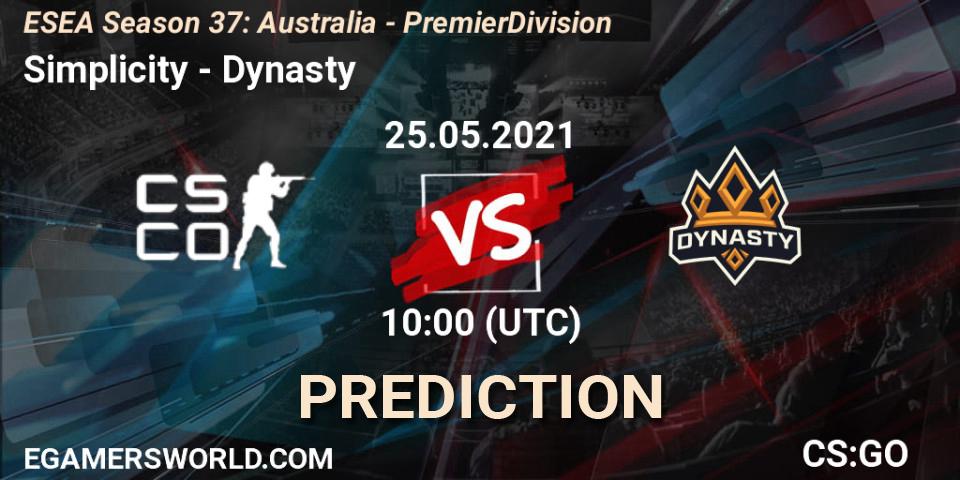 Simplicity vs Dynasty: Betting TIp, Match Prediction. 25.05.2021 at 10:00. Counter-Strike (CS2), ESEA Season 37: Australia - Premier Division