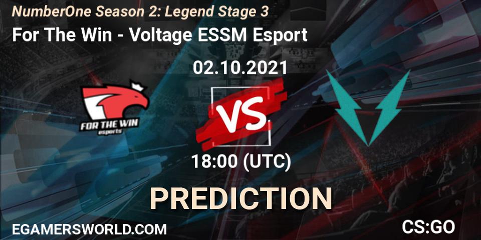 For The Win vs Voltage ESSM Esport: Betting TIp, Match Prediction. 02.10.2021 at 18:00. Counter-Strike (CS2), NumberOne Season 2: Legend Stage 3
