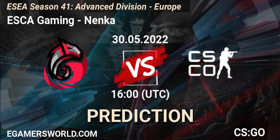 ESCA Gaming vs Nenka: Betting TIp, Match Prediction. 30.05.2022 at 16:00. Counter-Strike (CS2), ESEA Season 41: Advanced Division - Europe
