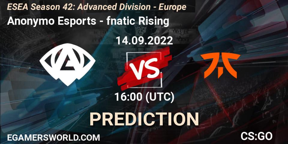 Anonymo Esports vs fnatic Rising: Betting TIp, Match Prediction. 14.09.2022 at 16:00. Counter-Strike (CS2), ESEA Season 42: Advanced Division - Europe