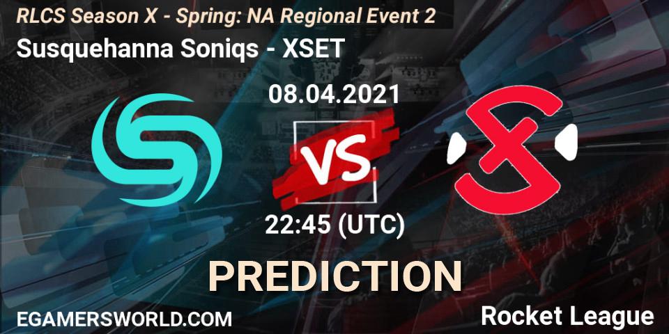 Susquehanna Soniqs vs XSET: Betting TIp, Match Prediction. 08.04.2021 at 22:45. Rocket League, RLCS Season X - Spring: NA Regional Event 2