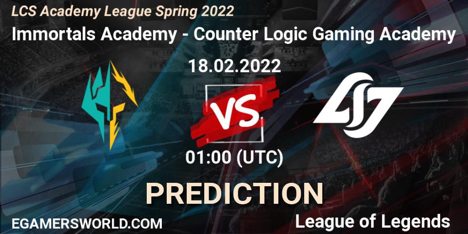 Immortals Academy vs Counter Logic Gaming Academy: Betting TIp, Match Prediction. 18.02.2022 at 00:50. LoL, LCS Academy League Spring 2022