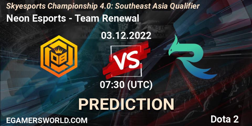 Neon Esports vs Team Renewal: Betting TIp, Match Prediction. 03.12.2022 at 07:29. Dota 2, Skyesports Championship 4.0: Southeast Asia Qualifier