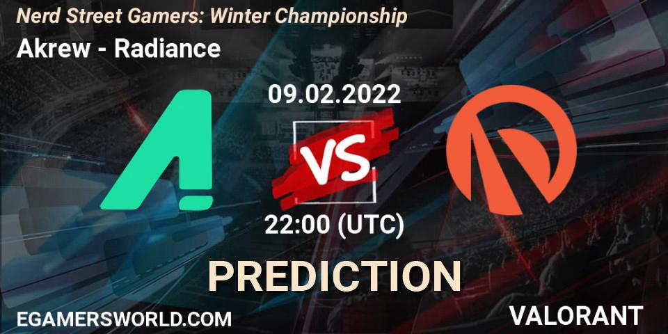 Akrew vs Radiance: Betting TIp, Match Prediction. 09.02.2022 at 22:00. VALORANT, Nerd Street Gamers: Winter Championship