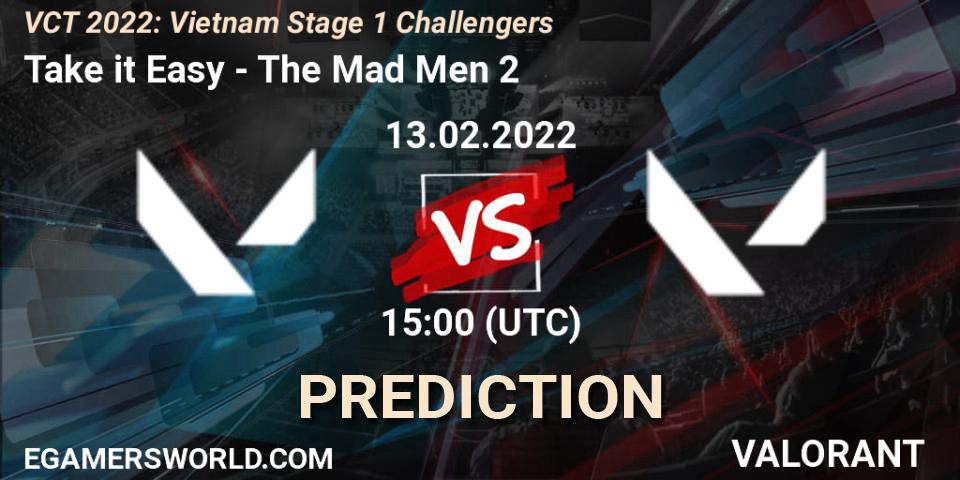 Take it Easy vs The Mad Men 2: Betting TIp, Match Prediction. 13.02.2022 at 16:00. VALORANT, VCT 2022: Vietnam Stage 1 Challengers
