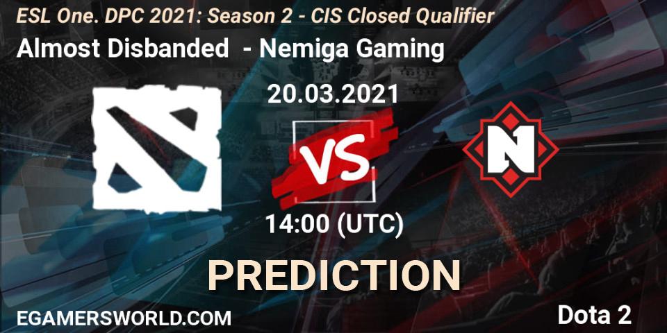 Almost Disbanded vs Nemiga Gaming: Betting TIp, Match Prediction. 20.03.2021 at 14:14. Dota 2, ESL One. DPC 2021: Season 2 - CIS Closed Qualifier