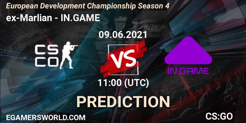 ex-Marlian vs IN.GAME: Betting TIp, Match Prediction. 09.06.2021 at 11:10. Counter-Strike (CS2), European Development Championship Season 4