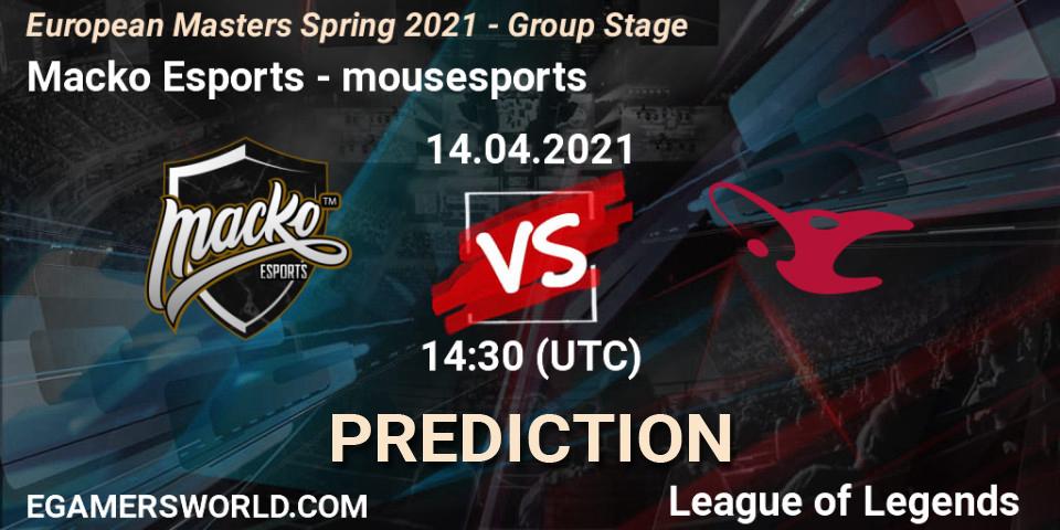Macko Esports vs mousesports: Betting TIp, Match Prediction. 22.04.2021 at 16:30. LoL, European Masters Spring 2021 - Group Stage