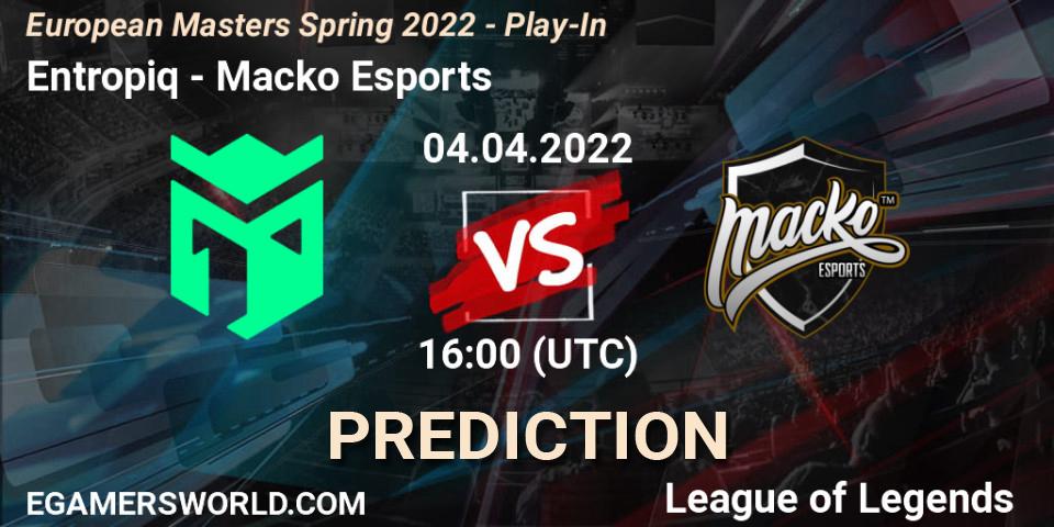 Entropiq vs Macko Esports: Betting TIp, Match Prediction. 04.04.2022 at 16:00. LoL, European Masters Spring 2022 - Play-In