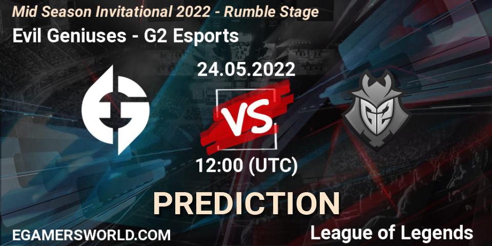 Evil Geniuses vs G2 Esports: Betting TIp, Match Prediction. 24.05.2022 at 10:00. LoL, Mid Season Invitational 2022 - Rumble Stage