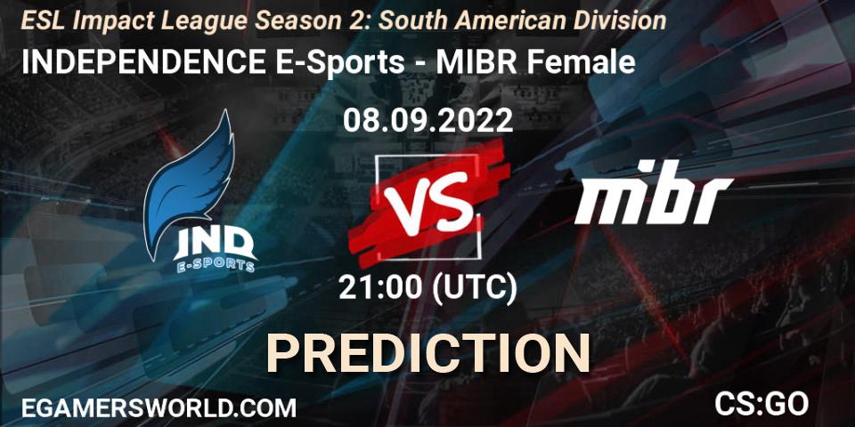INDEPENDENCE E-Sports vs MIBR Female: Betting TIp, Match Prediction. 08.09.2022 at 21:00. Counter-Strike (CS2), ESL Impact League Season 2: South American Division