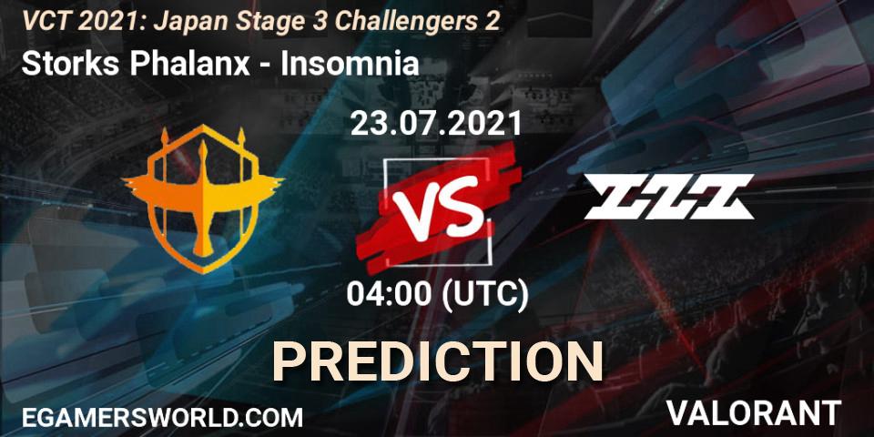 Storks Phalanx vs Insomnia: Betting TIp, Match Prediction. 23.07.2021 at 04:00. VALORANT, VCT 2021: Japan Stage 3 Challengers 2