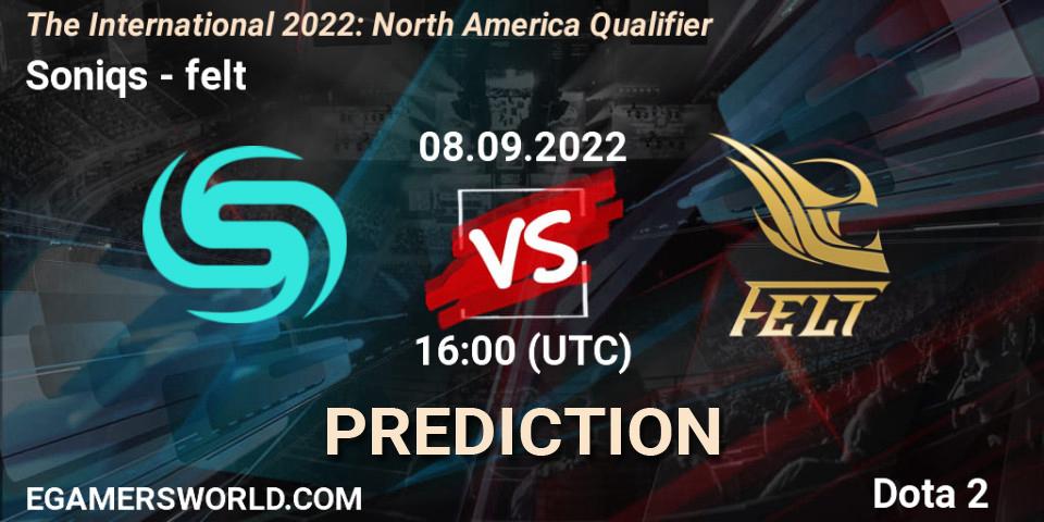 Soniqs vs felt: Betting TIp, Match Prediction. 08.09.2022 at 16:19. Dota 2, The International 2022: North America Qualifier