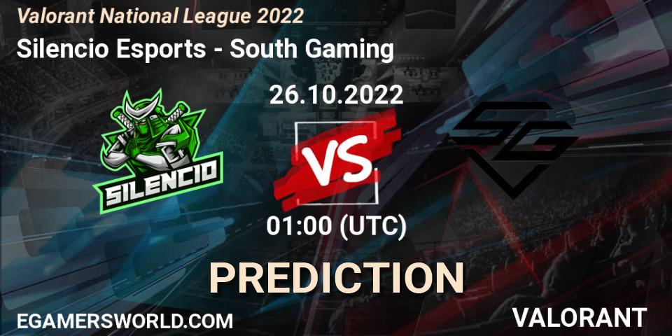Silencio Esports vs South Gaming: Betting TIp, Match Prediction. 26.10.2022 at 01:00. VALORANT, Valorant National League 2022