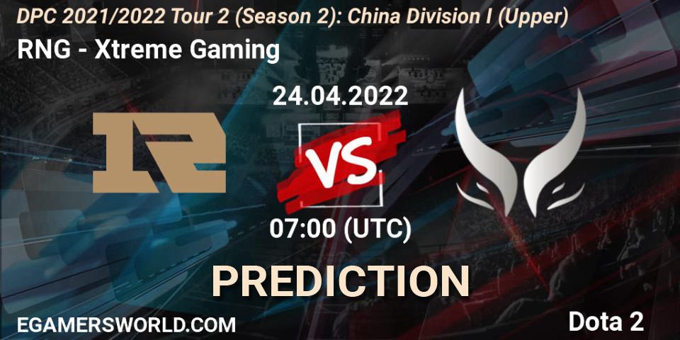 RNG vs Xtreme Gaming: Betting TIp, Match Prediction. 24.04.2022 at 07:03. Dota 2, DPC 2021/2022 Tour 2 (Season 2): China Division I (Upper)