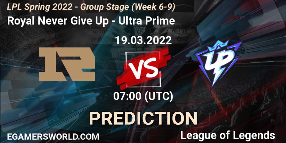 Royal Never Give Up vs Ultra Prime: Betting TIp, Match Prediction. 19.03.2022 at 07:00. LoL, LPL Spring 2022 - Group Stage (Week 6-9)