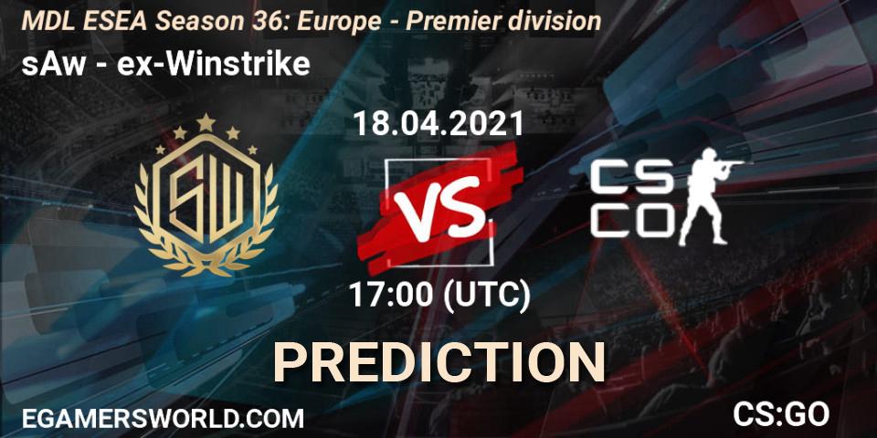 sAw vs ex-Winstrike: Betting TIp, Match Prediction. 18.04.2021 at 17:00. Counter-Strike (CS2), MDL ESEA Season 36: Europe - Premier division