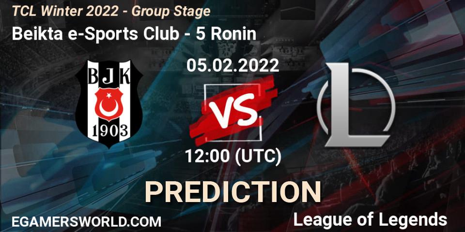 Beşiktaş e-Sports Club vs 5 Ronin: Betting TIp, Match Prediction. 05.02.2022 at 12:00. LoL, TCL Winter 2022 - Group Stage