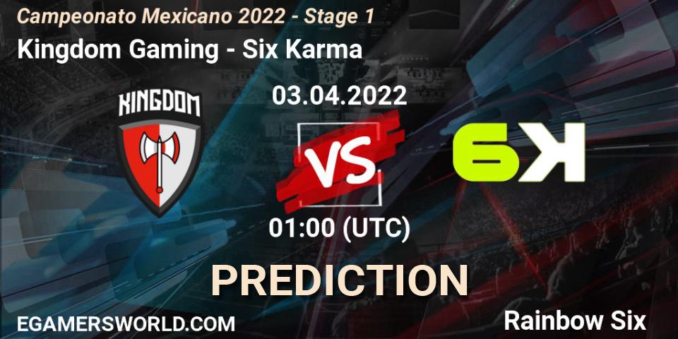 Kingdom Gaming vs Six Karma: Betting TIp, Match Prediction. 03.04.2022 at 01:00. Rainbow Six, Campeonato Mexicano 2022 - Stage 1