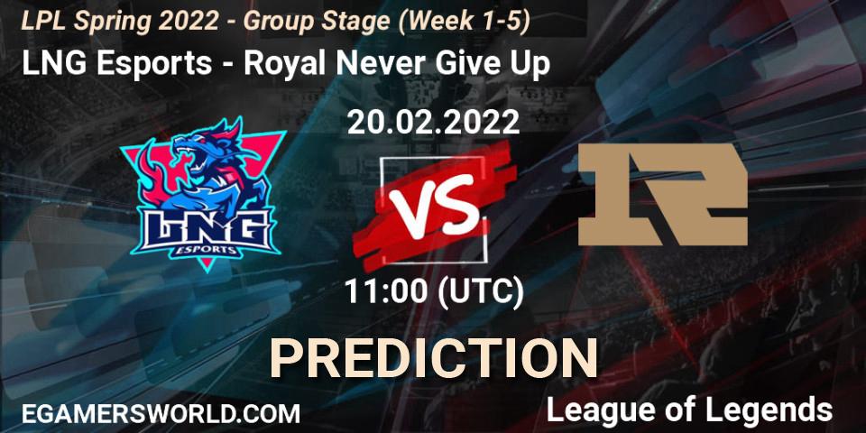 LNG Esports vs Royal Never Give Up: Betting TIp, Match Prediction. 20.02.2022 at 12:00. LoL, LPL Spring 2022 - Group Stage (Week 1-5)