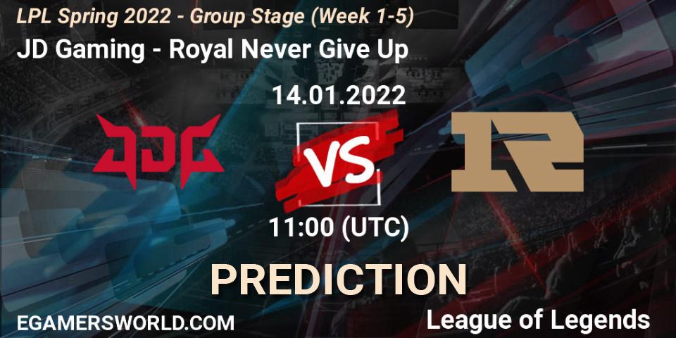 JD Gaming vs Royal Never Give Up: Betting TIp, Match Prediction. 14.01.2022 at 11:30. LoL, LPL Spring 2022 - Group Stage (Week 1-5)