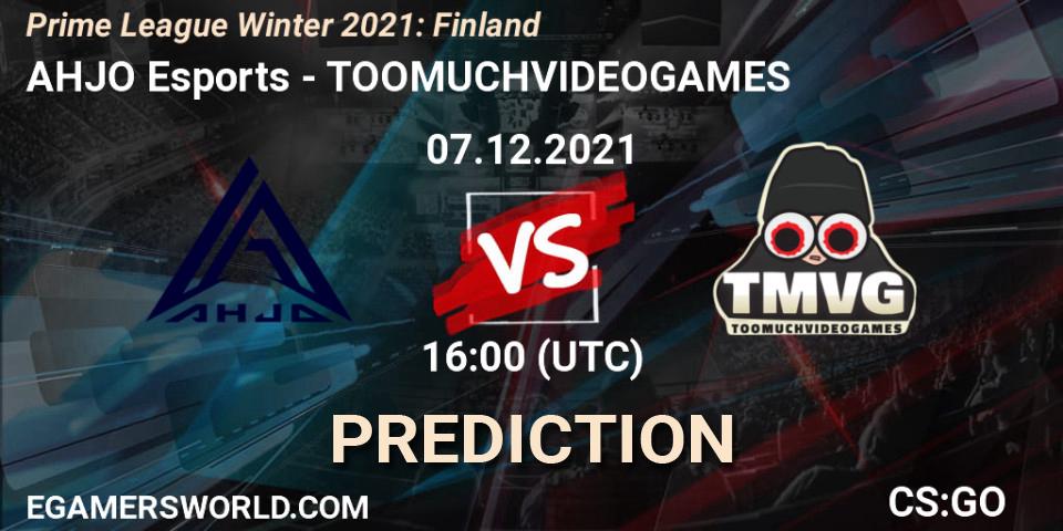 AHJO Esports vs TOOMUCHVIDEOGAMES: Betting TIp, Match Prediction. 07.12.2021 at 17:00. Counter-Strike (CS2), Prime League Winter 2021: Finland