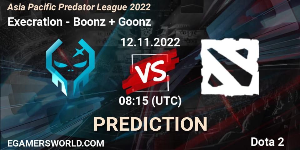 Execration vs Boonz + Goonz: Betting TIp, Match Prediction. 12.11.2022 at 08:15. Dota 2, Asia Pacific Predator League 2022