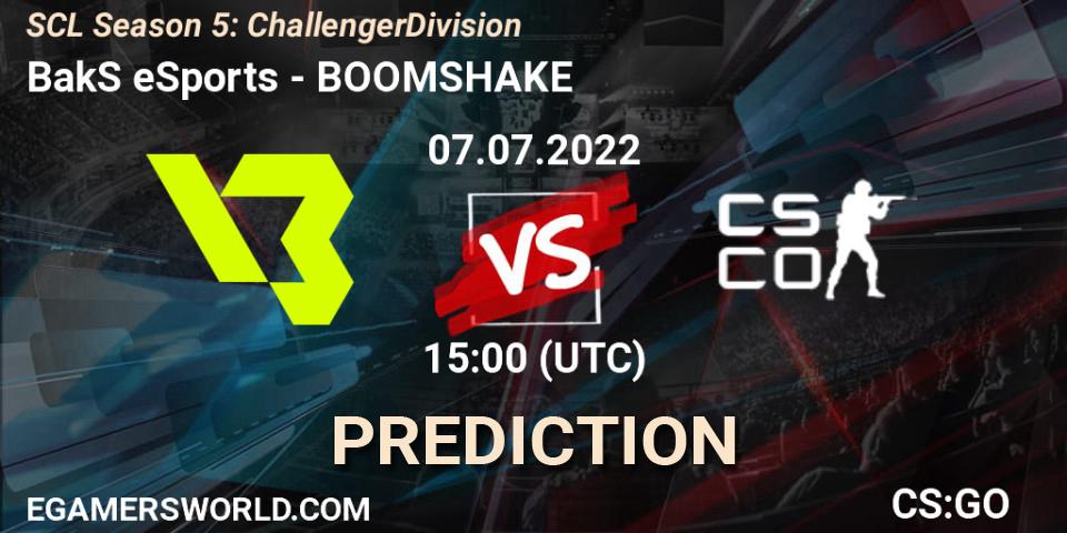 BakS eSports vs BOOMSHAKE: Betting TIp, Match Prediction. 06.07.2022 at 18:00. Counter-Strike (CS2), SCL Season 5: Challenger Division