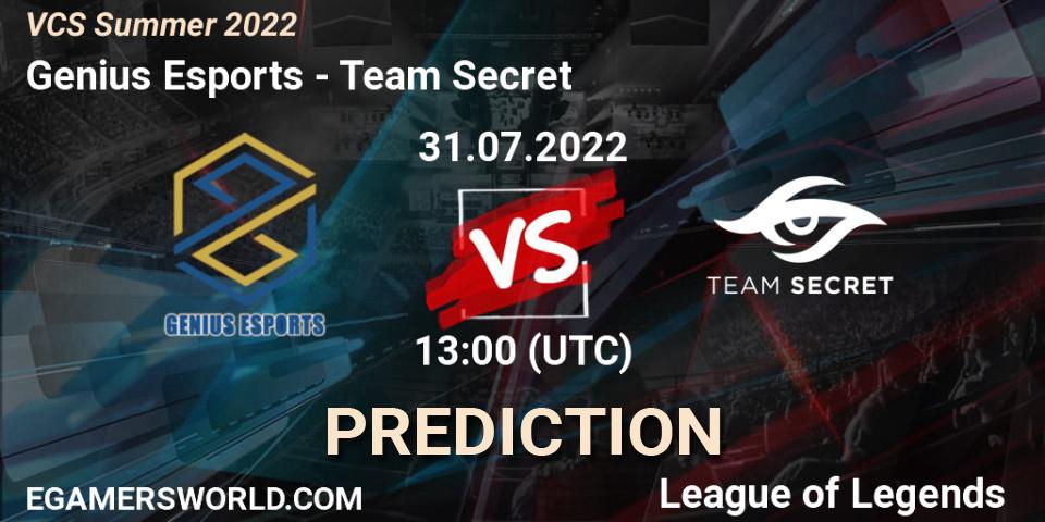 Genius Esports vs Team Secret: Betting TIp, Match Prediction. 31.07.2022 at 12:00. LoL, VCS Summer 2022