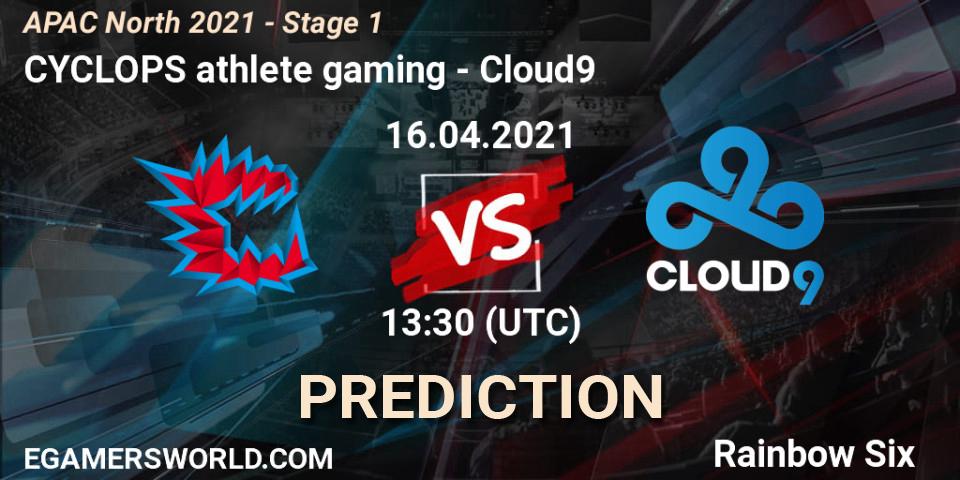 CYCLOPS athlete gaming vs Cloud9: Betting TIp, Match Prediction. 16.04.2021 at 12:45. Rainbow Six, APAC North 2021 - Stage 1