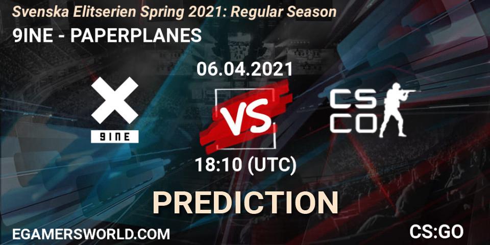 9INE vs PAPERPLANES: Betting TIp, Match Prediction. 06.04.2021 at 18:10. Counter-Strike (CS2), Svenska Elitserien Spring 2021: Regular Season