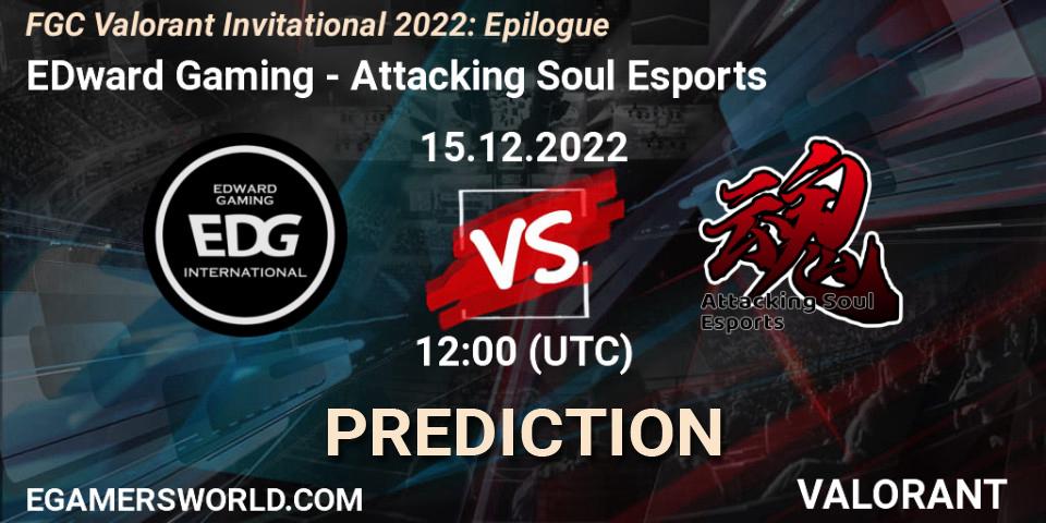 EDward Gaming vs Attacking Soul Esports: Betting TIp, Match Prediction. 15.12.2022 at 12:00. VALORANT, FGC Valorant Invitational 2022: Epilogue