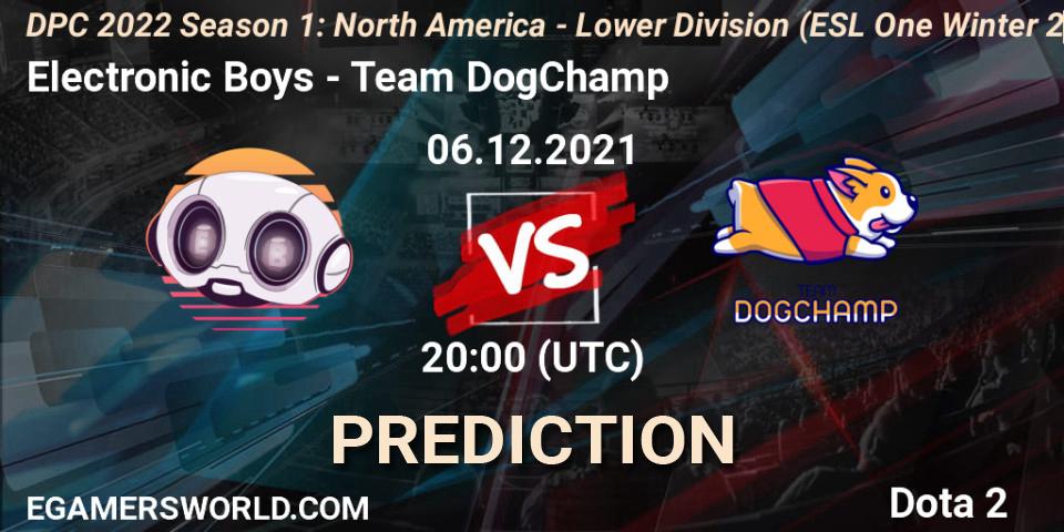 Electronic Boys vs Team DogChamp: Betting TIp, Match Prediction. 06.12.2021 at 19:57. Dota 2, DPC 2022 Season 1: North America - Lower Division (ESL One Winter 2021)
