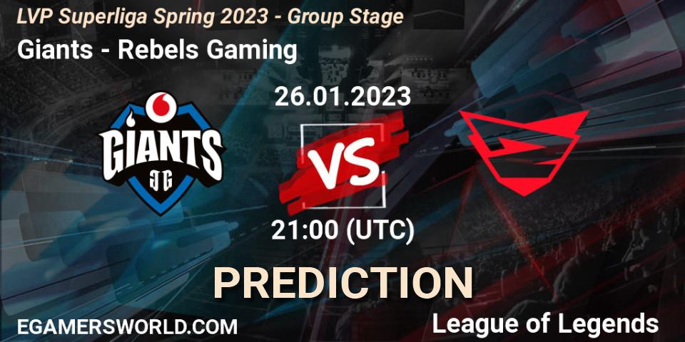 Giants vs Rebels Gaming: Betting TIp, Match Prediction. 26.01.2023 at 21:00. LoL, LVP Superliga Spring 2023 - Group Stage