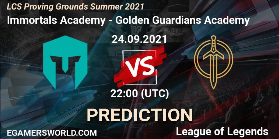 Immortals Academy vs Golden Guardians Academy: Betting TIp, Match Prediction. 24.09.2021 at 22:00. LoL, LCS Proving Grounds Summer 2021