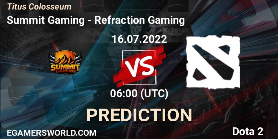 Summit Gaming vs Refraction Gaming: Betting TIp, Match Prediction. 16.07.2022 at 06:01. Dota 2, Titus Colosseum