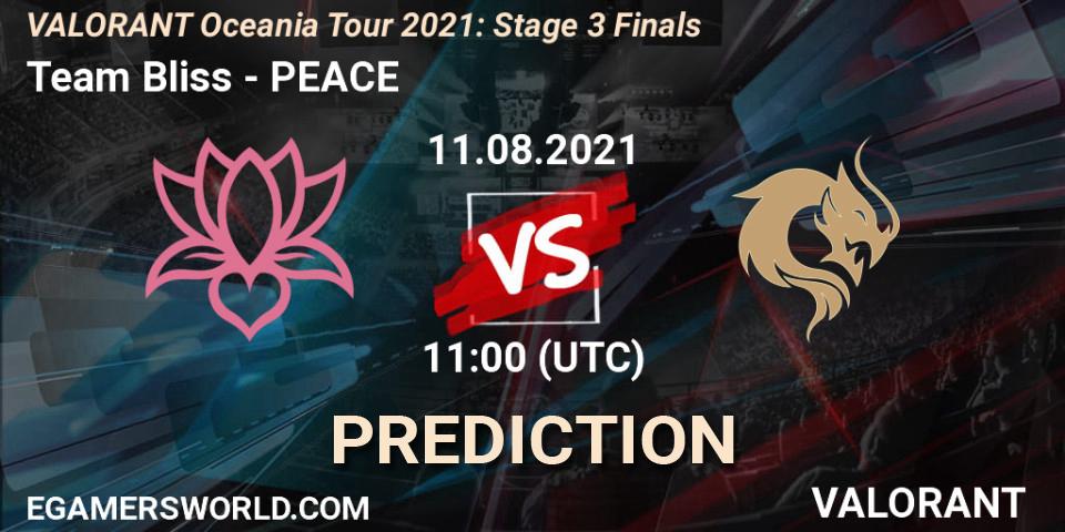 Team Bliss vs PEACE: Betting TIp, Match Prediction. 11.08.2021 at 11:00. VALORANT, VALORANT Oceania Tour 2021: Stage 3 Finals