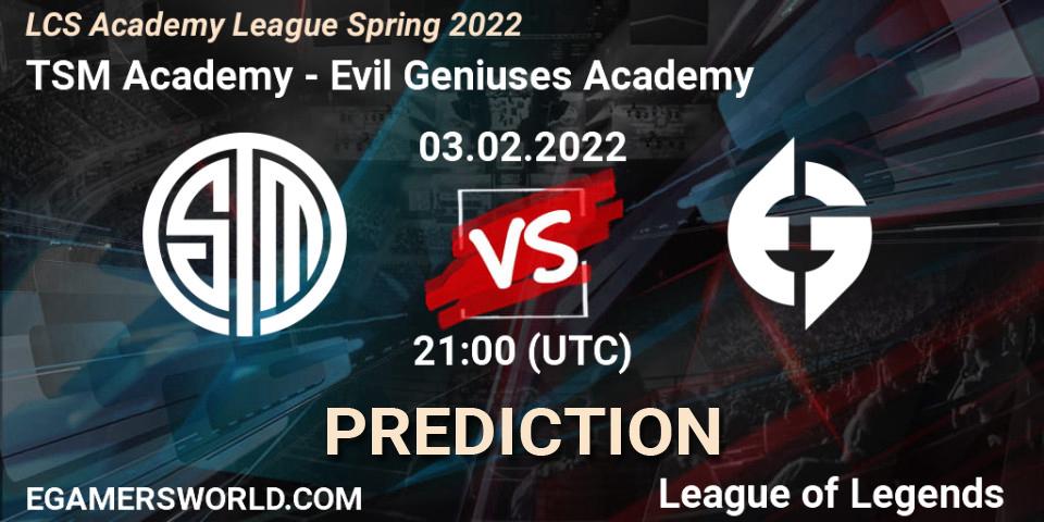 TSM Academy vs Evil Geniuses Academy: Betting TIp, Match Prediction. 03.02.2022 at 21:00. LoL, LCS Academy League Spring 2022