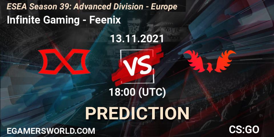 Infinite Gaming vs Feenix: Betting TIp, Match Prediction. 13.11.2021 at 18:00. Counter-Strike (CS2), ESEA Season 39: Advanced Division - Europe