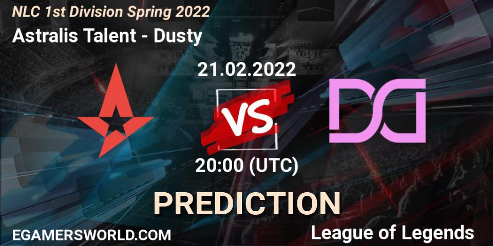 Astralis Talent vs Dusty: Betting TIp, Match Prediction. 21.02.2022 at 17:00. LoL, NLC 1st Division Spring 2022