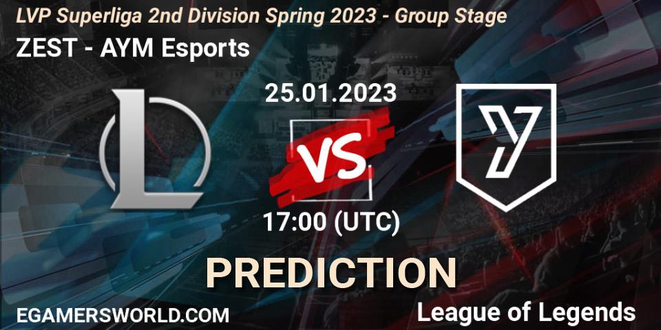 ZEST vs AYM Esports: Betting TIp, Match Prediction. 25.01.2023 at 17:00. LoL, LVP Superliga 2nd Division Spring 2023 - Group Stage