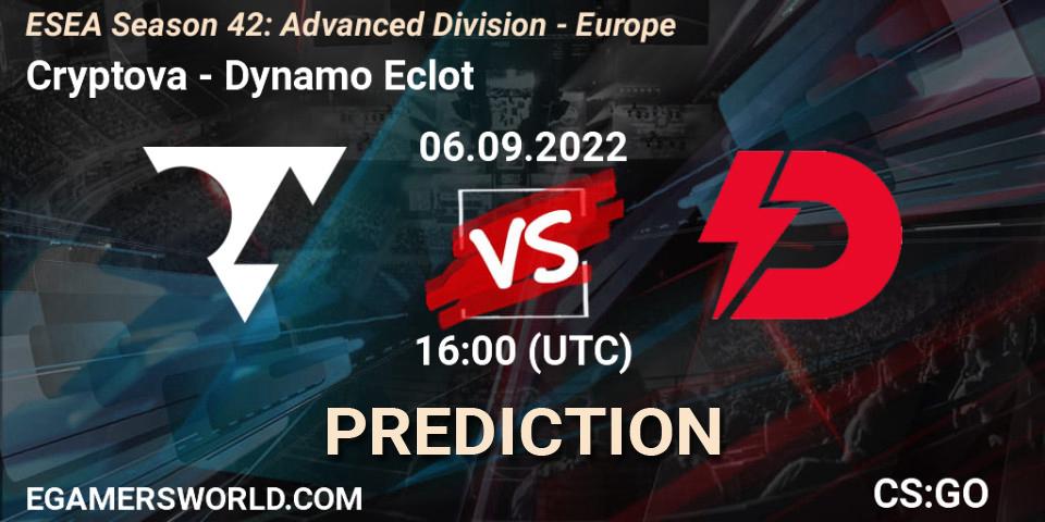 Cryptova vs Dynamo Eclot: Betting TIp, Match Prediction. 06.09.2022 at 16:00. Counter-Strike (CS2), ESEA Season 42: Advanced Division - Europe