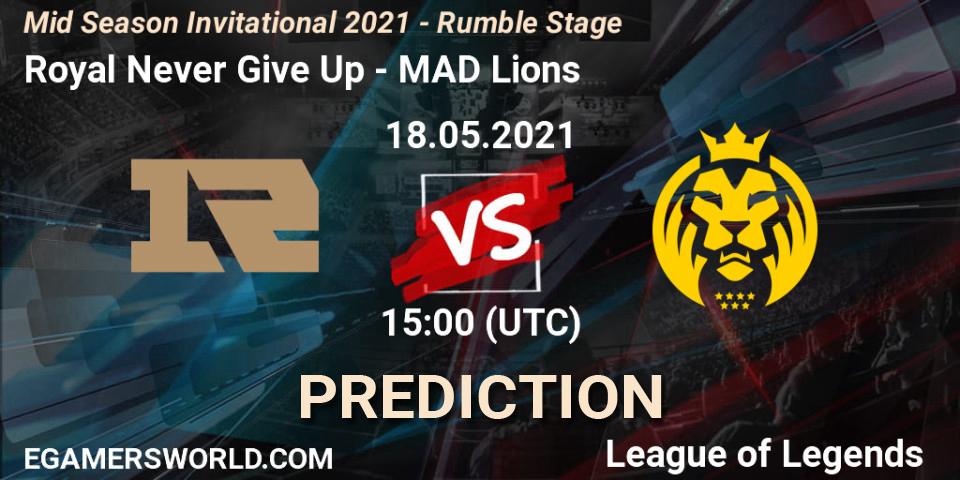 Royal Never Give Up vs MAD Lions: Betting TIp, Match Prediction. 18.05.2021 at 14:50. LoL, Mid Season Invitational 2021 - Rumble Stage