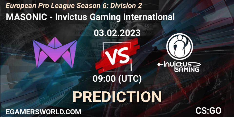 MASONIC vs Invictus Gaming International: Betting TIp, Match Prediction. 03.02.23. CS2 (CS:GO), European Pro League Season 6: Division 2