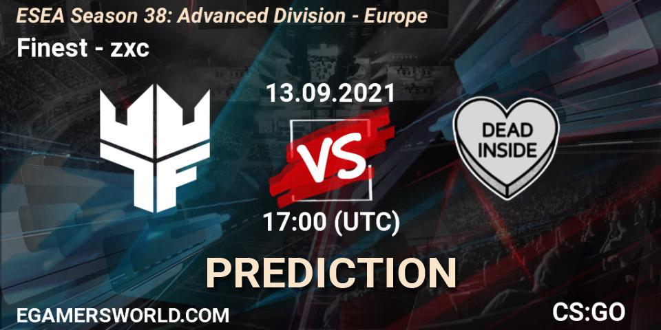Finest vs zxc: Betting TIp, Match Prediction. 13.09.2021 at 17:00. Counter-Strike (CS2), ESEA Season 38: Advanced Division - Europe
