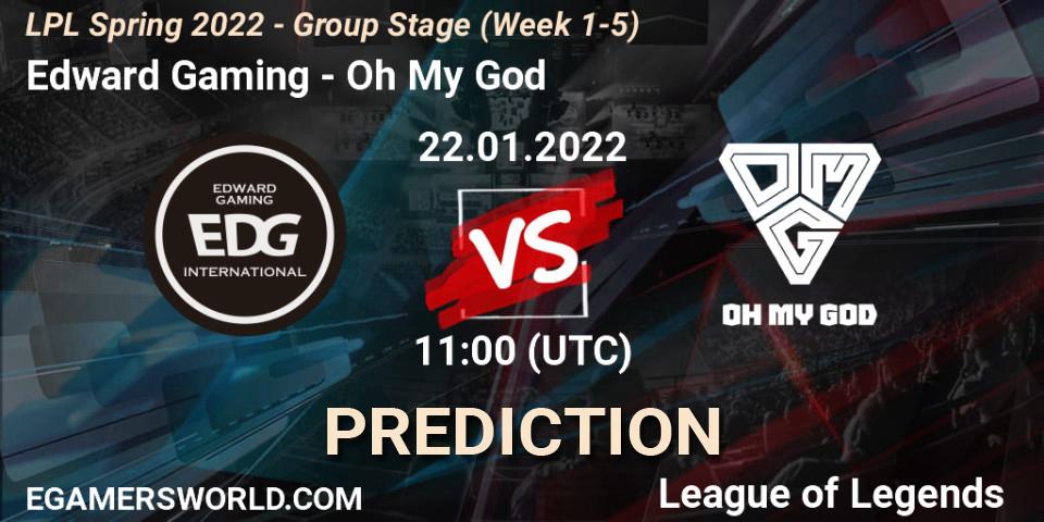 Edward Gaming vs Oh My God: Betting TIp, Match Prediction. 22.01.2022 at 11:45. LoL, LPL Spring 2022 - Group Stage (Week 1-5)